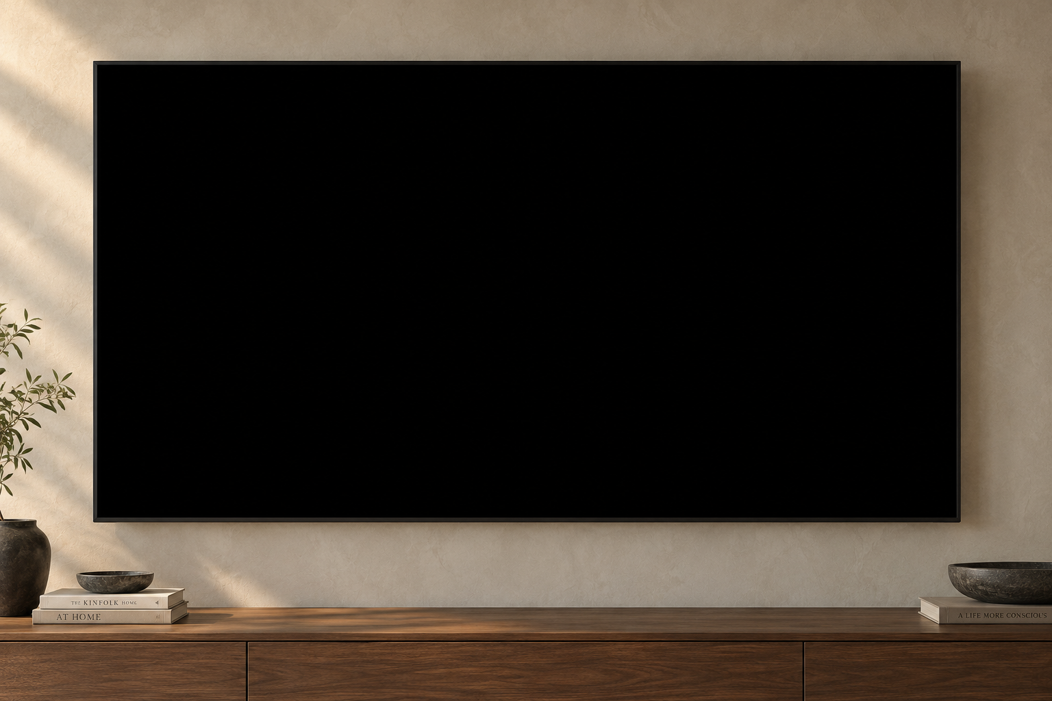 A large television above an oak console in a softly lit living room