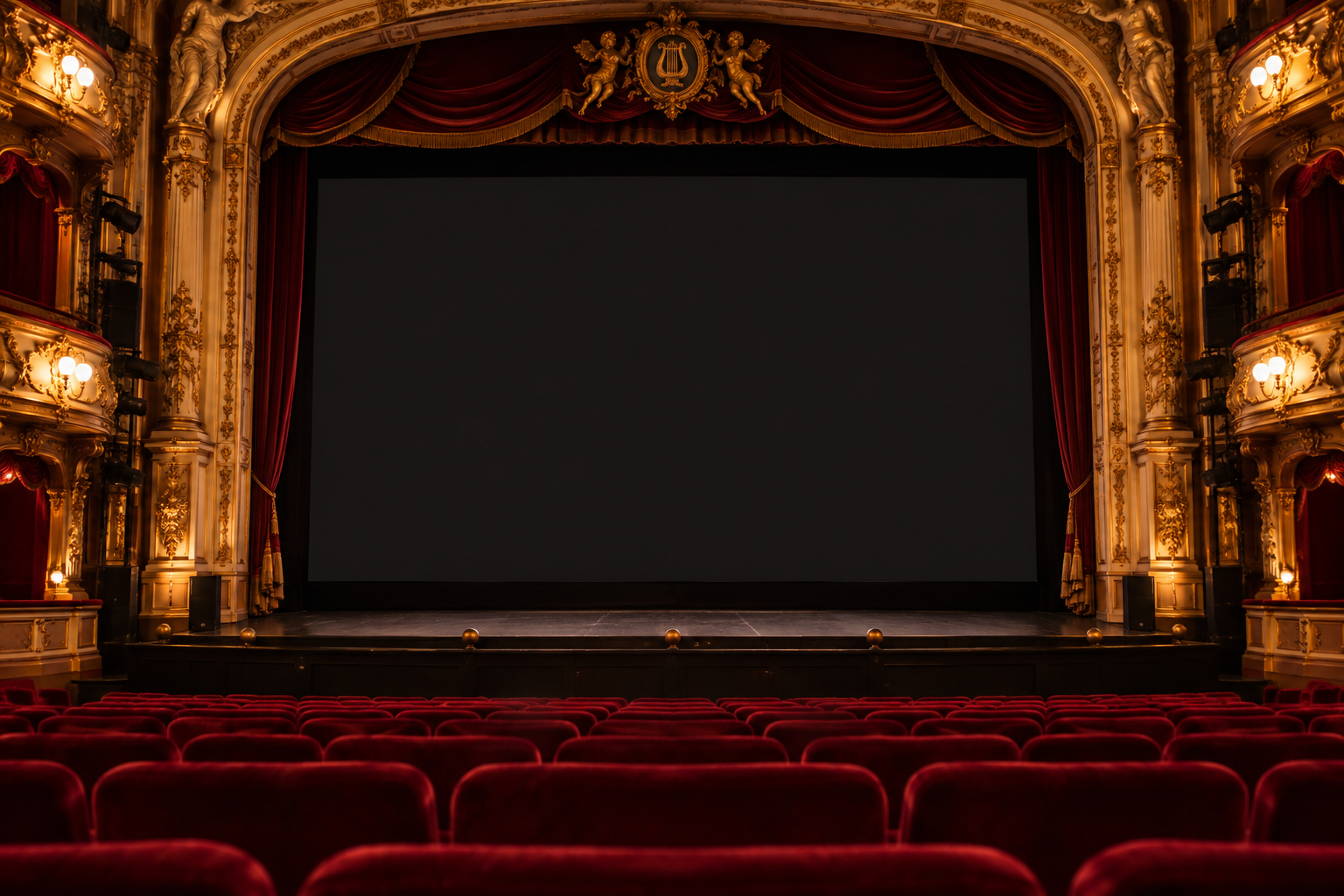A screening setting inspired by the London Palladium, with red seats and a gilded proscenium